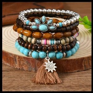 Colorful Beaded Bracelet Set with Tassel Charm
